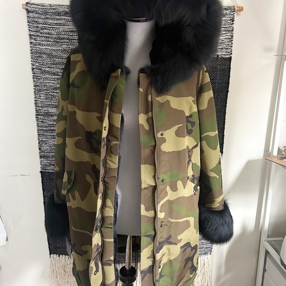 VOLARE New York Camouflage fox fur jacket army green and black size S NWT - Picture 5 of 16
